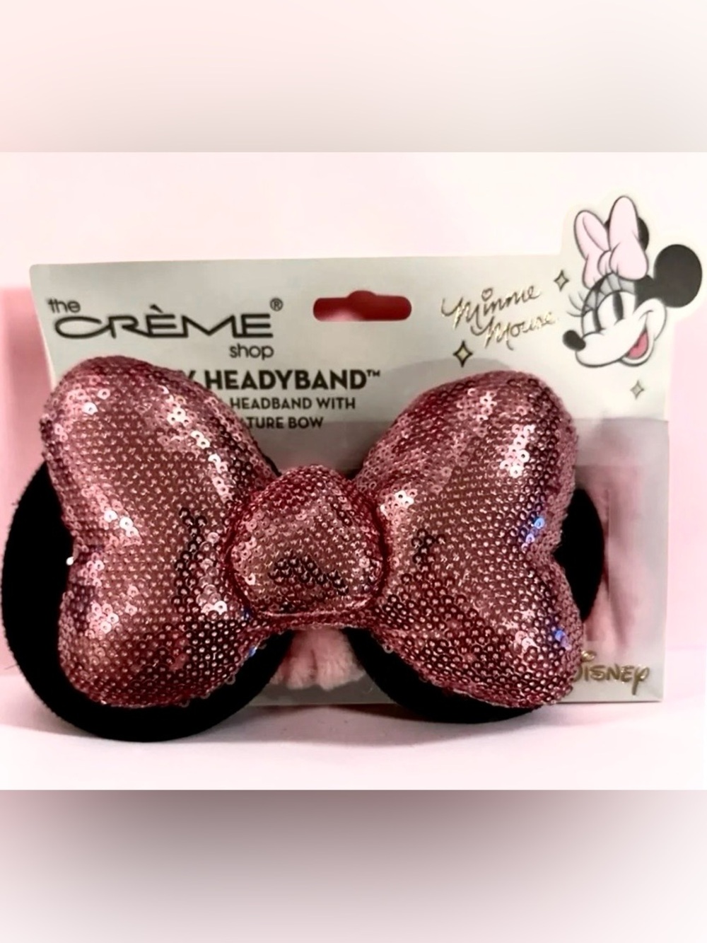 The Crème Shop x Disney Minnie Ear Spa Headband with Pink Sequin Bow, NIB